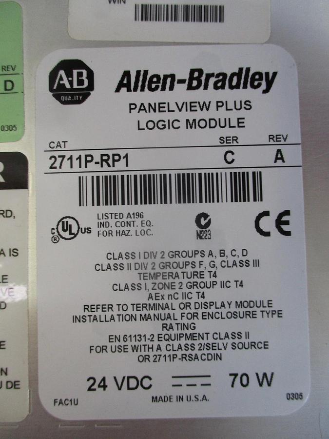 Used ALLEN BRADLEY 2711P-RDT00CA PANELVIEW PLUS 1000, #33952J USED