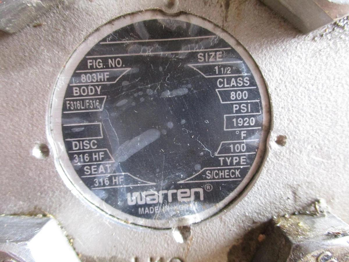 Used WARREN 1-1/2" SWING CHECK VALVE (STAINLESS) F316L, #4161044J NEW