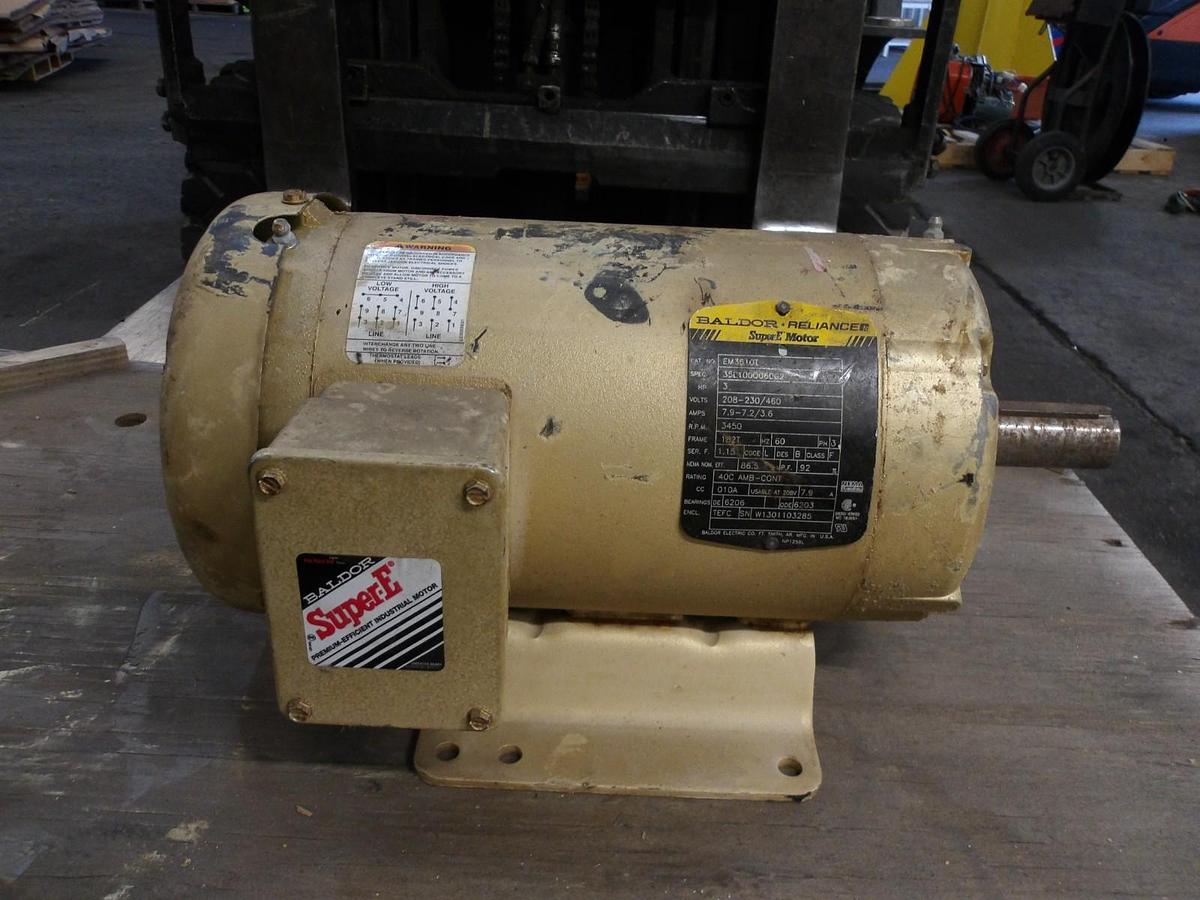 Used BALDOR RELIANCE 3 HP MOTOR, FR 182T, 3450 RPM, 208-230/460 V, #723956G USED