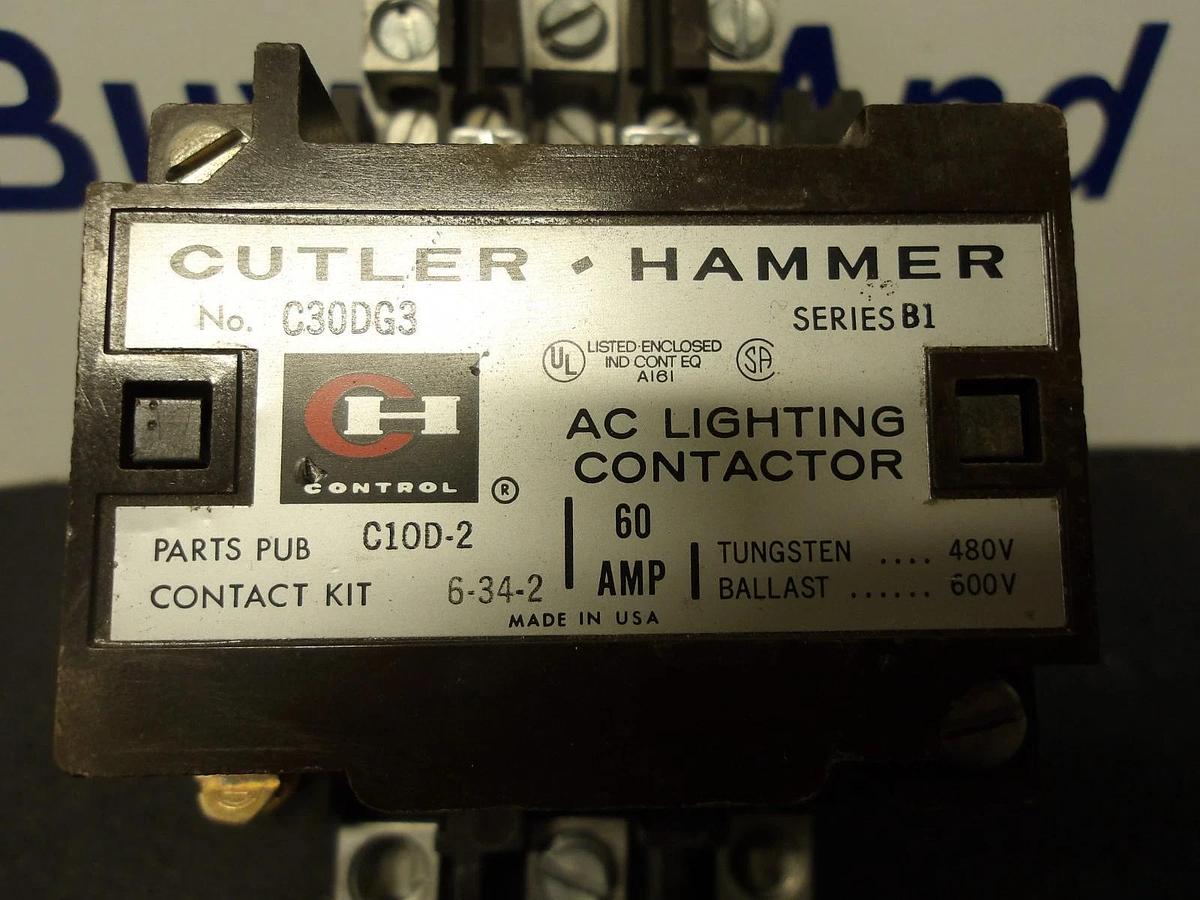 Used CUTLER HAMMER 60 AMP LIGHTING CONTACTOR C30DG3, #326209G USED