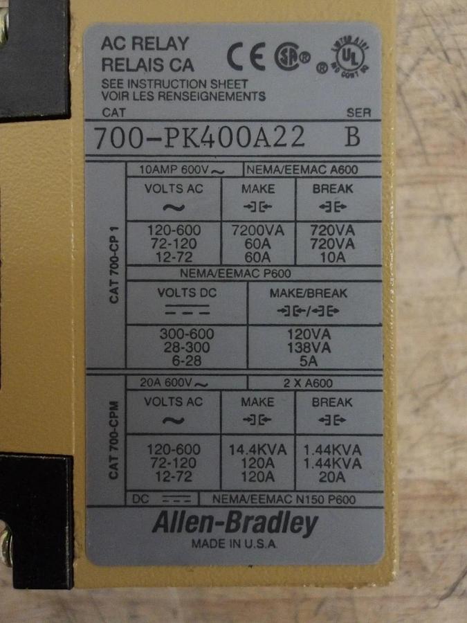 ALLEN BRADLEY 700-PK400A22 CONTROL RELAY, #521107G NIB