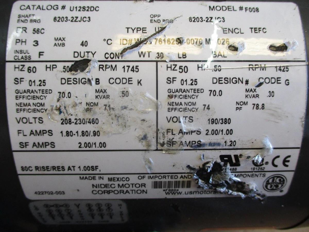 Used US MOTORS 1/2 HP MOTOR, #610222J NEW