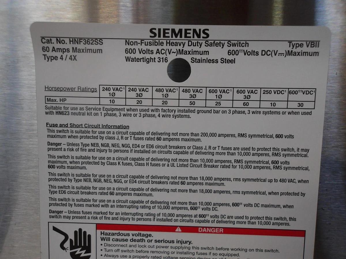 Used SIEMENS 60 AMP S/S SAFETY SWITCH 600 V AC/DC, #716203G NEW