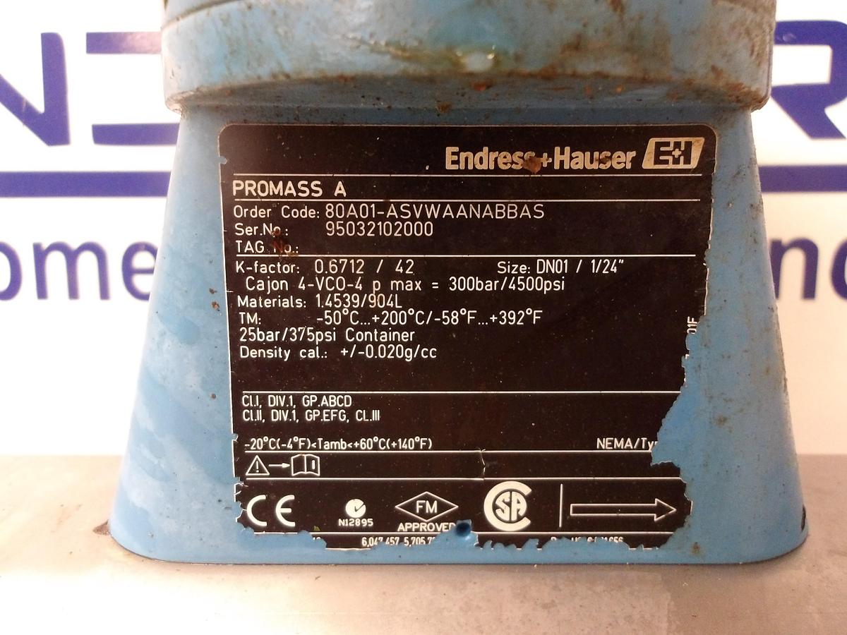 Used ENDRESS HAUSER PROMASS A 80A01 MASS FLOW TUBE 1/24"