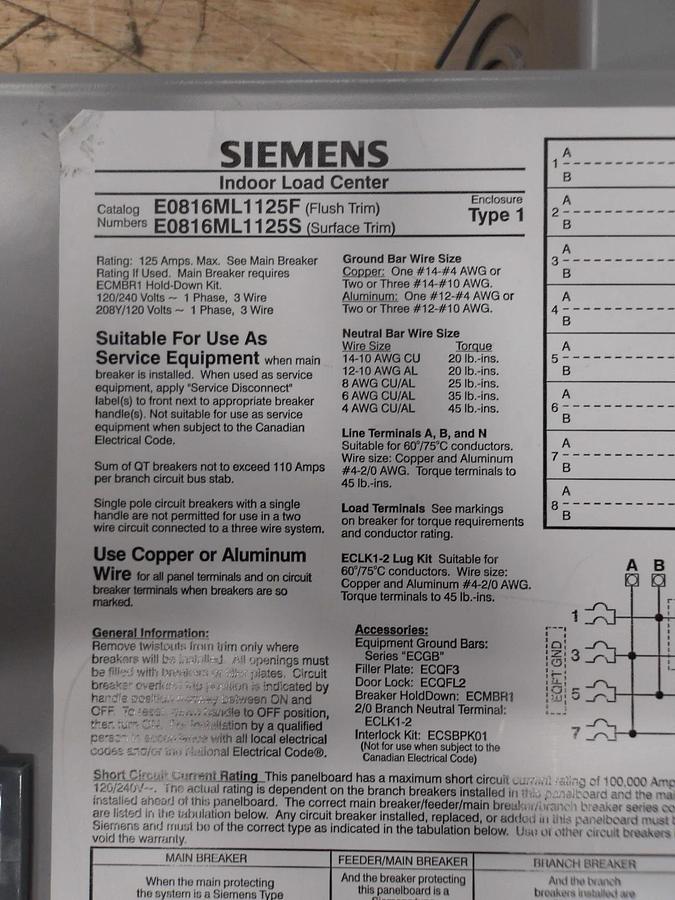 Used SIEMENS 125 AMP MAIN LOAD ENCLOSURE 100/240 V, #511128G NEW