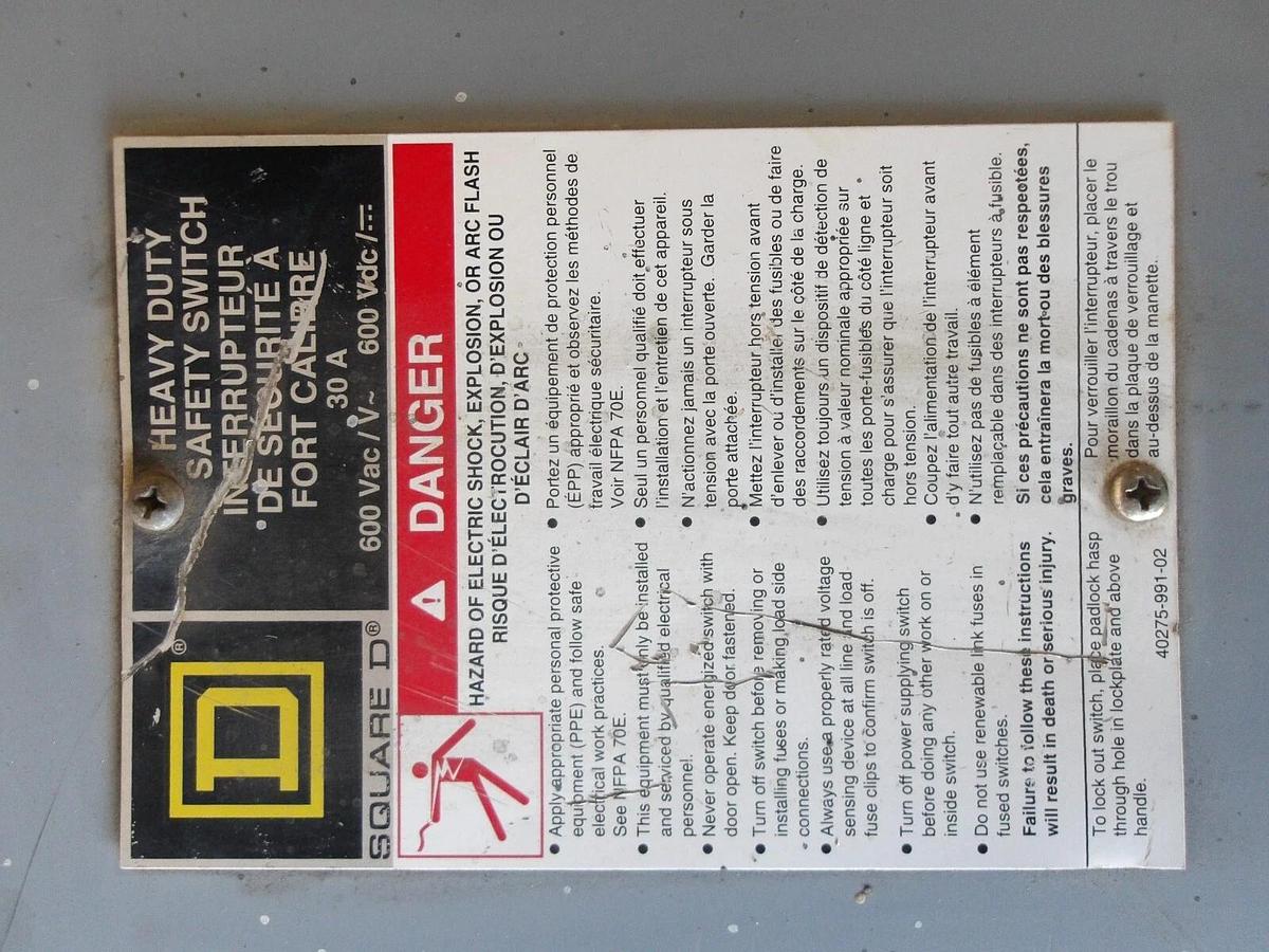 Used SQUARE D 30 AMP SAFETY SWITCH H461, #621944G NEW