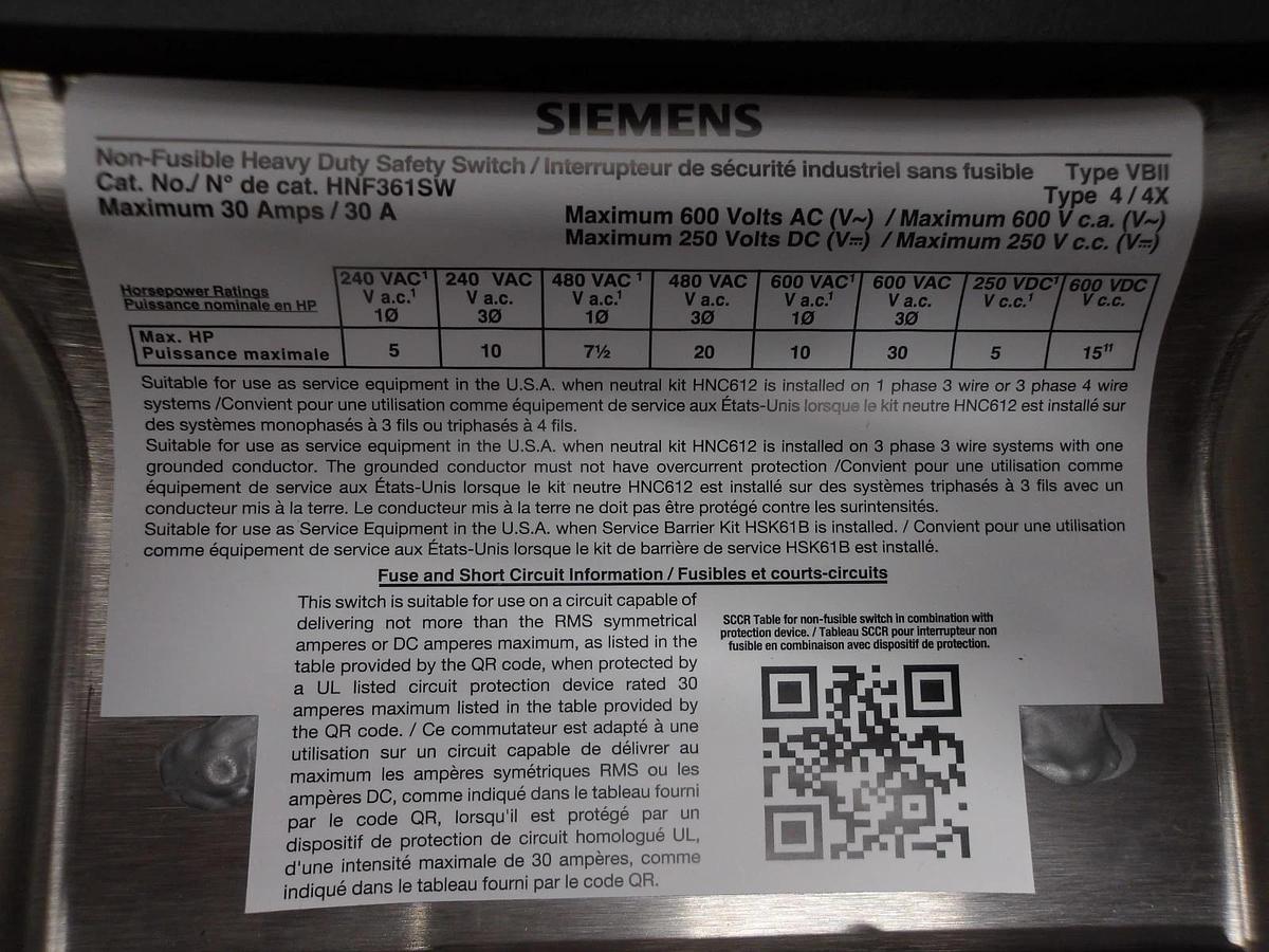 Used SIEMENS 30 AMP S/S SAFETY SWITCH 600/250 V, #715300G NEW