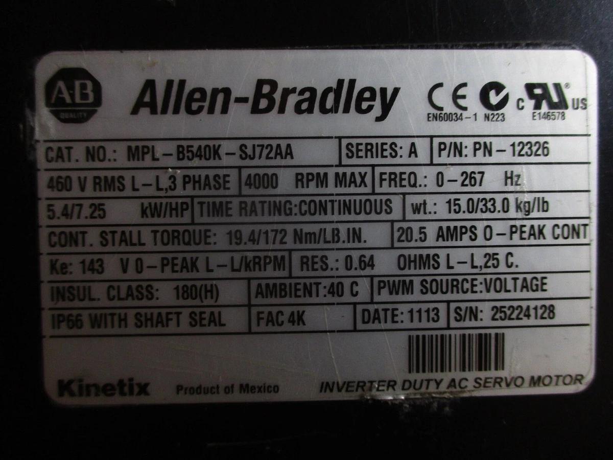 Used ALLEN BRADLEY 7.25 HP SERVO MOTOR, #791015J NEW