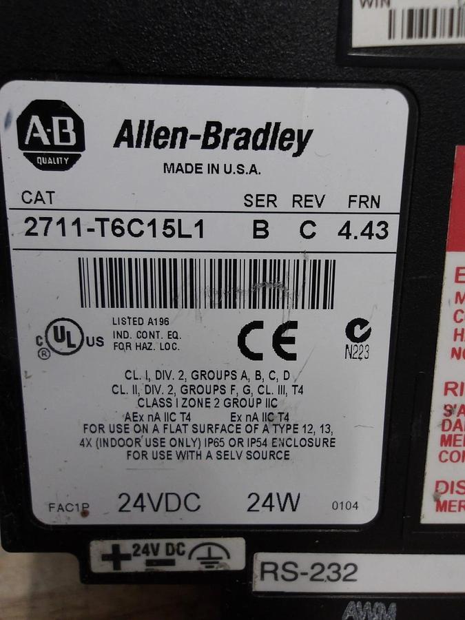 Used ALLEN BRADLEY PANELVIEW 600 TOUCH SCREEN 2711-T6C15L1, #64235G USED