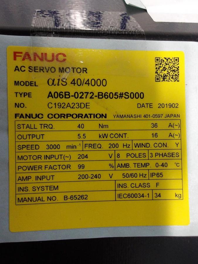 Used FANUC AIS 40/4000 AC SERVO MOTOR A06B-0272-B605 5000, #327936G NEW