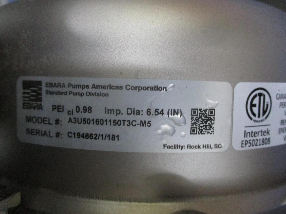 Used EBARA 2" X 2-1/2" STAINLESS 15 HP PUMP, #612945J NEW