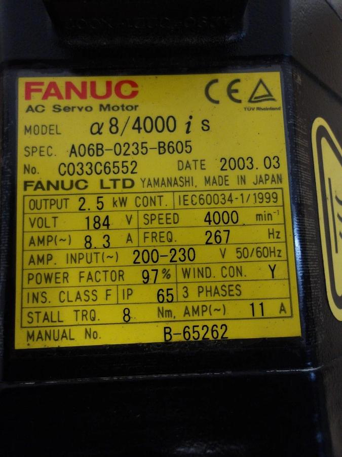 Used FANUC A06B-0235-B605 AC SERVO MOTOR, 4000 RPM, #619150G USED