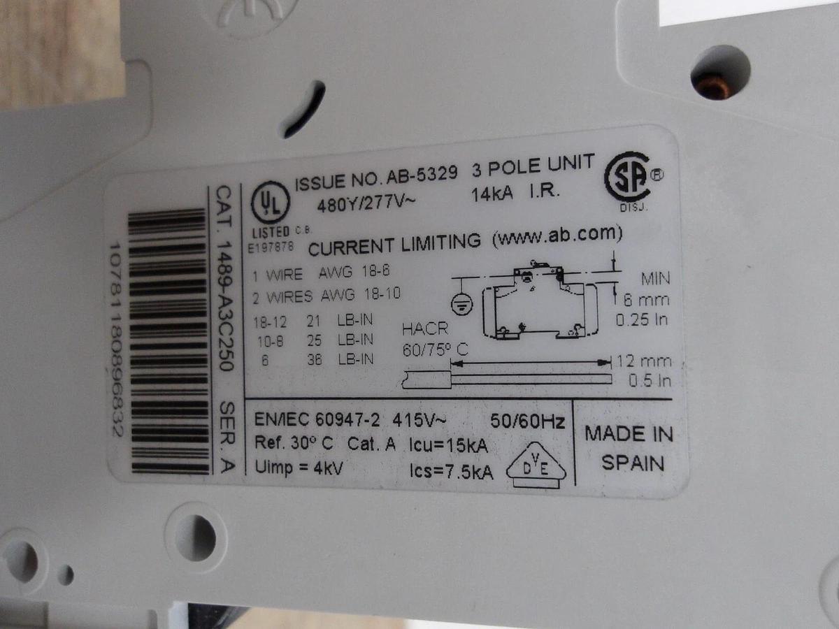ALLEN BRADLEY 1489-A3C250 INDUSTRIAL CIRCUIT BREAKER 25 AMP, 3 P, #417137G NIB