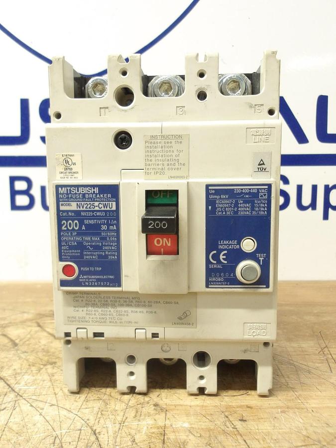 Used MITSUBISH 200 AMP CIRCUIT BREAKER NV225-CWU, #123208G USED