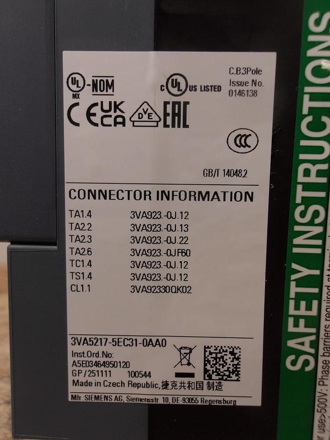 SIEMENS 175 AMP BREAKER 240-480-600 V, #7201140G NIB