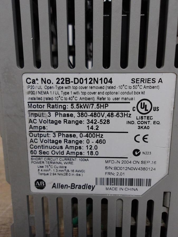 Used ALLEN BRADLEY 22B-D012N104 POWERFLEX 40 DRIVE, 7.5 HP, # USED