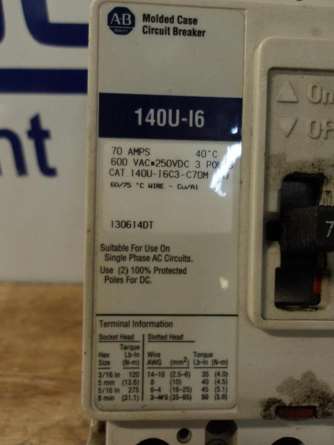 Used ALLEN BRADLEY 70 AMP BREAKER, 600VAC/250VDC, #626315G USED