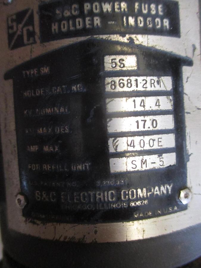Used S&C SNUFFLER SM5S POWER FUSE HOLDER-INDOOR 86812R1, #426101J USED