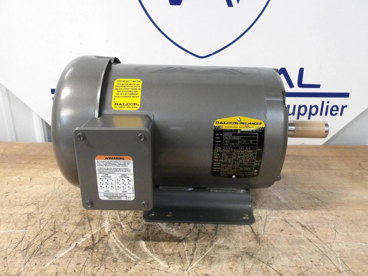 Used BALDOR RELIANCE 3 HP MOTOR, 1750 RPM, 182T FR, 208-230/460 V, #691012G NEW
