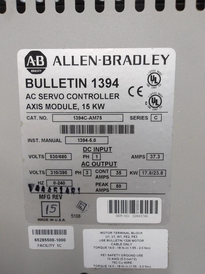 Used ALLEN BRADLEY 1394C-AM75 AC SERVO CONTROLLER, SER.C, #5271023G REMANUFACTURED