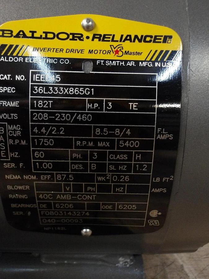 Used BALDOR RELIANCE 3 HP MOTOR, 1750 RPM, 182T FR, 208-230/460 V, #691012G NEW