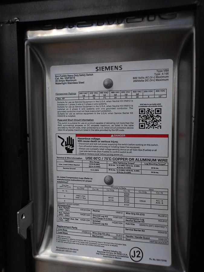 Used SIEMENS 30 AMP S/S SAFETY SWITCH 600/250 V, #716148G NEW