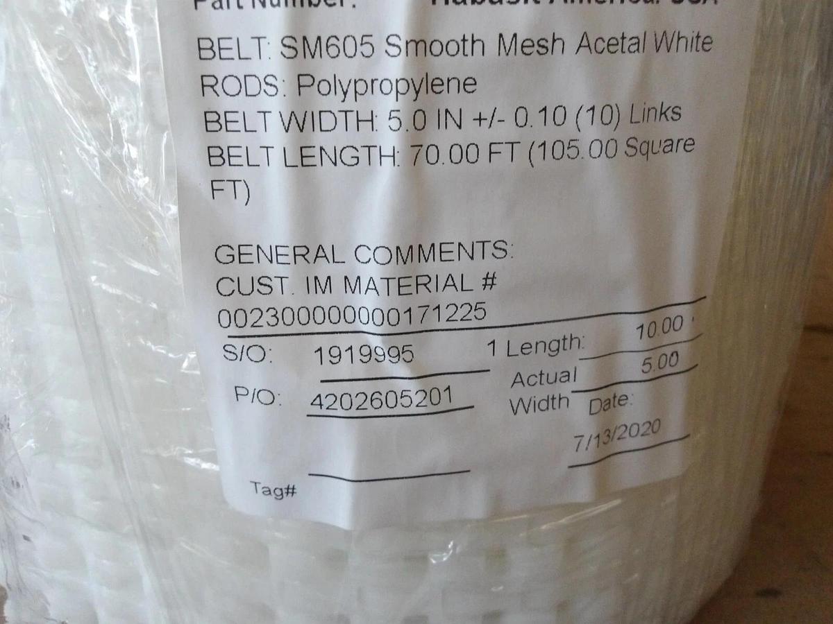 Used HABASIT AMERICA SM605 SMOOTH MESH CONVEYOR BELT 10' X 5", #826213G NEW