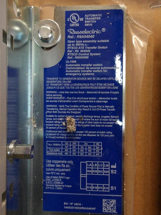 Used RUSSELECTRIC RTSCD TRANSFER SWITC R6A04040, 400 AMP, #122845G NEW