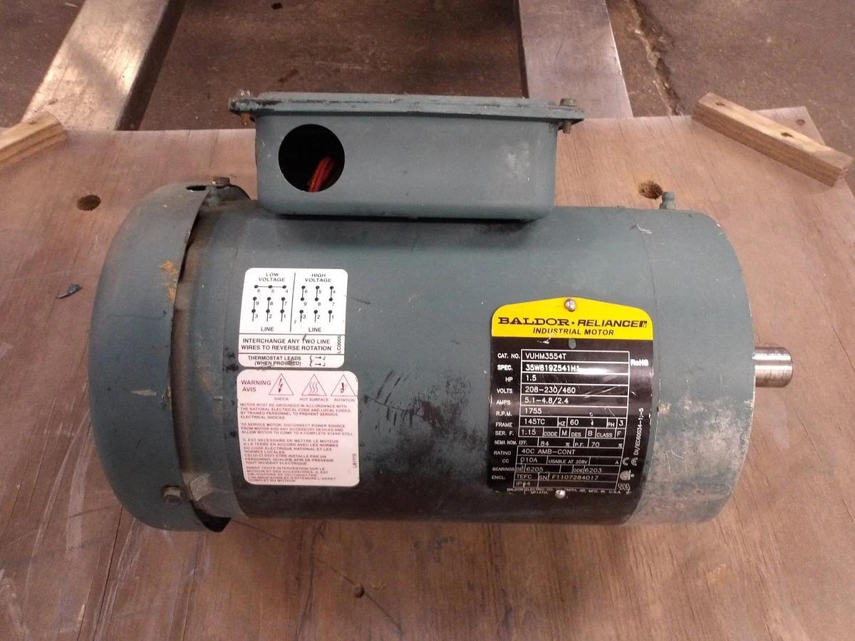 Used BALDOR RELIANCE 1.5 HP MOTOR, FR 145TC, 1755 RPM, 208-230/460 V, #728130G NEW