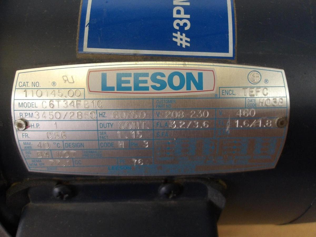 Used LEESON 1 HP MOTOR, FR C56, 3450/2850 RPM, 208/230-460 V, #114840G NEW