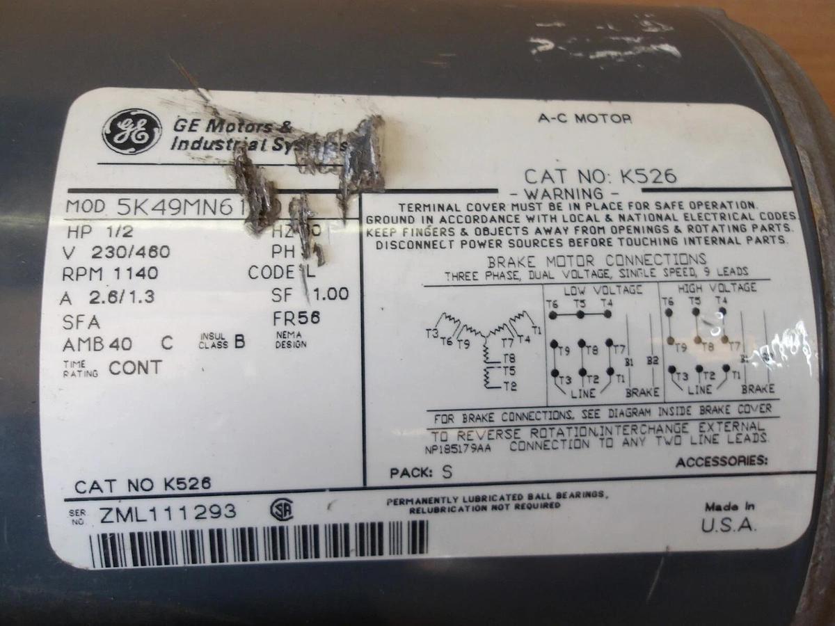 Used GE 1/2 HP MOTOR, FR 56, 1140 RPM, 230/480 V, #101300G NEW