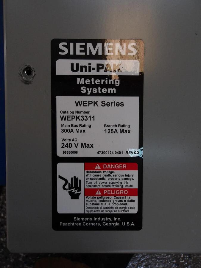 Used SIEMENS UNI-PAK WEPK3311 METERING SYSTEM, 300 A, 240 V, #123310G NEW