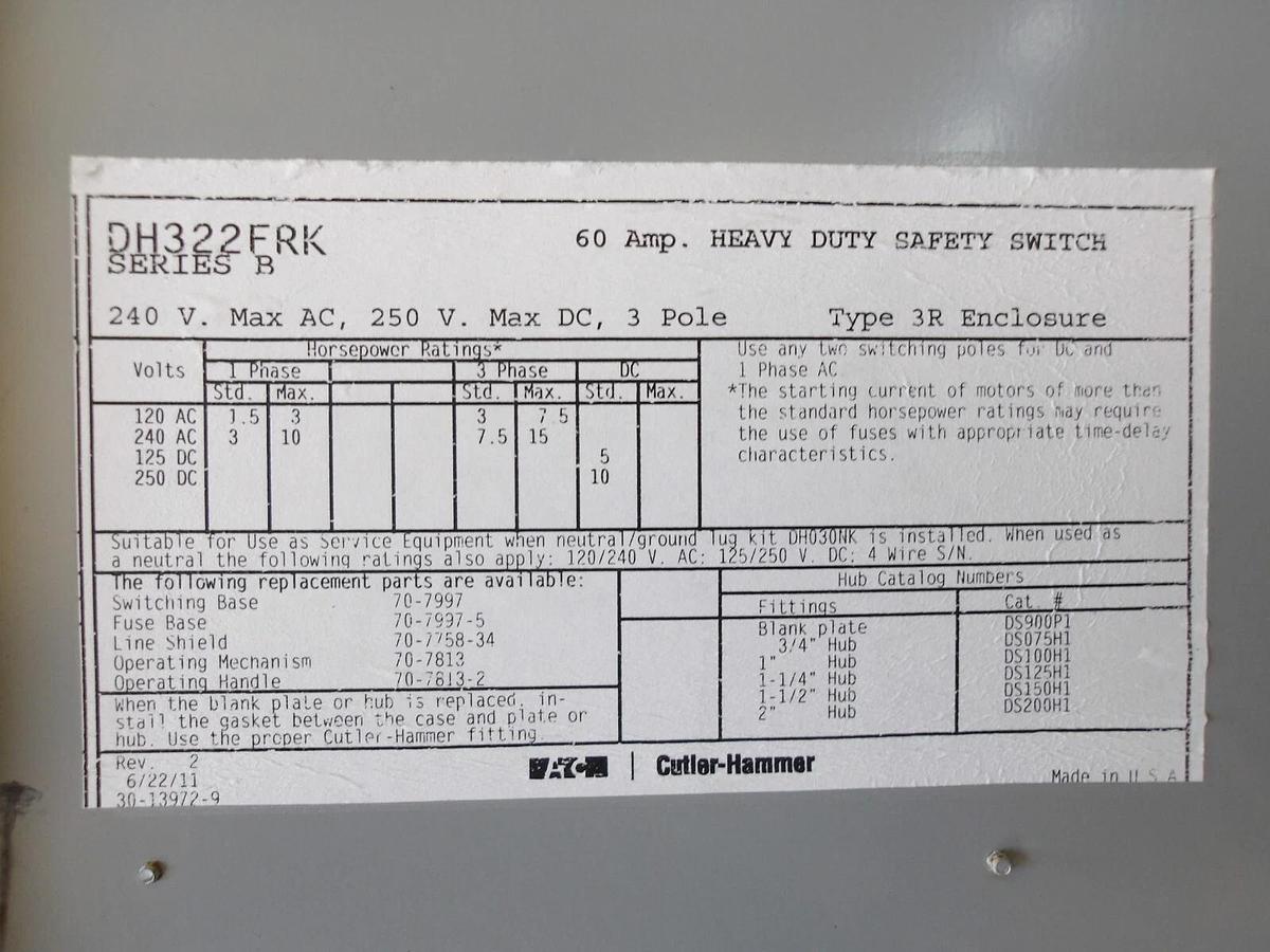 Used EATON CUTLER HAMMER 60 AMP SAFETY SWITCH DH322FRK, #620305G USED