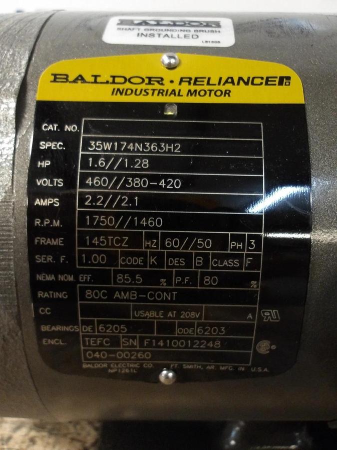 BALDOR RELIANCE 1.6/1.28 HP MOTOR, 1750/1460 RPM, 460/380-420 V, #65915G NIB