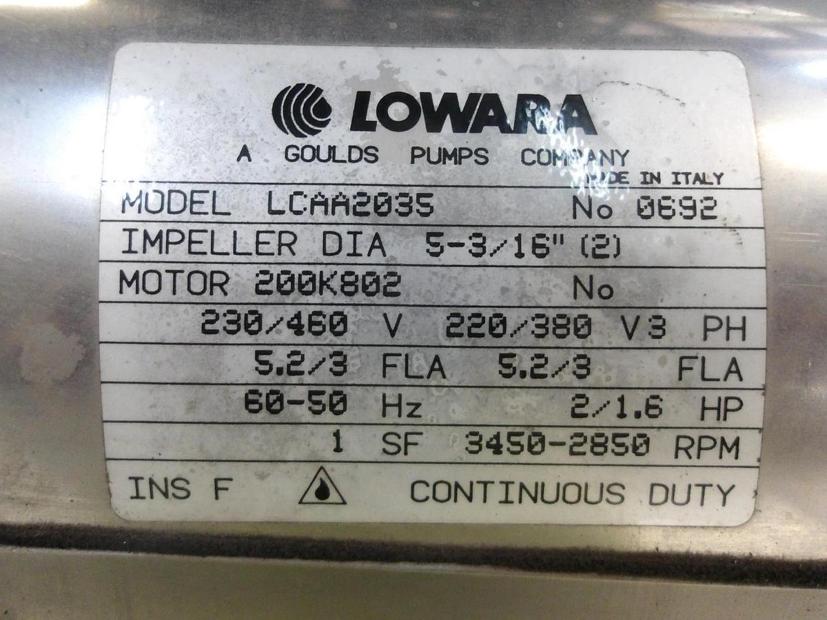 Used LOWARA - GOULDS 1-1/2" X 1" PUMP W/ 2/1.6 HP MOTOR, #7231050G NEW