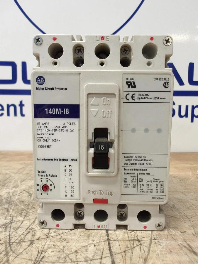 Used ALLEN BRADLEY 15 AMP BREAKER 250VDC/600VAC, #77848G USED