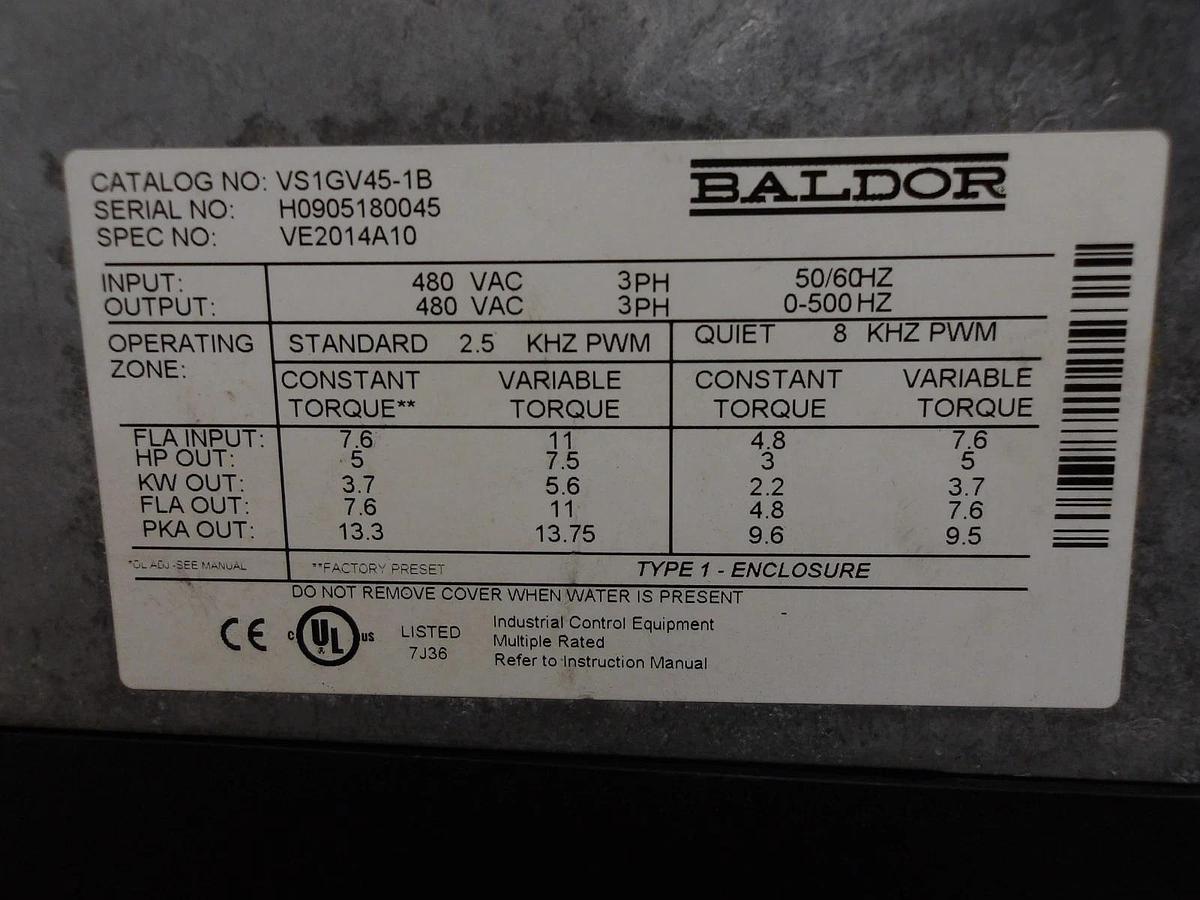 Used BALDOR 7.5/5 HP H2 VECTOR DRIVE VS1GV45-18, #7101150G NEW (WEATHERED)