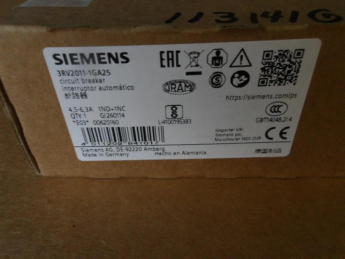 SIEMENS 3RV2011-1GA25 CIRCUIT BREAKER 4.5/6.3 AMP, #113141G NIB