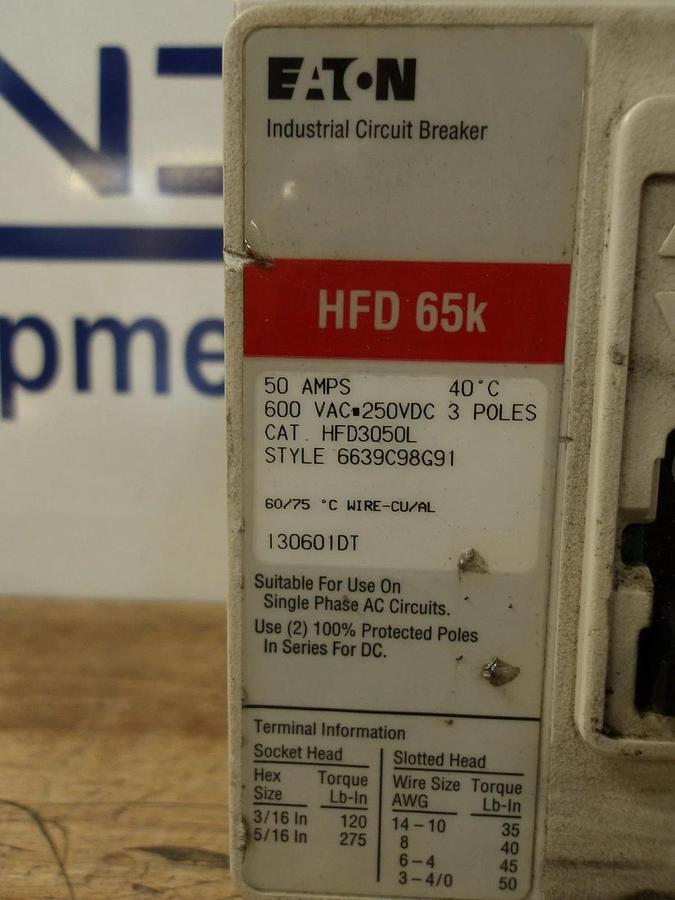 Used EATON 50 AMP BREAKER, 600VAC/250VDC, #629236G USED