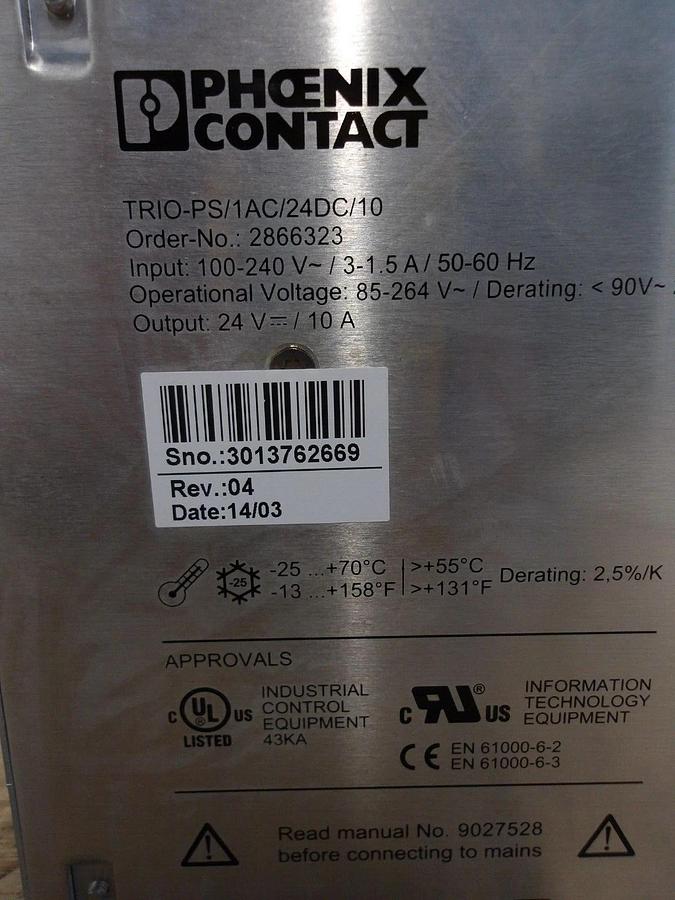 Used PHOENIX CONTACT TRIO-PS/1AC/24VDC/10 POWER SUPPLY, #3191010G NEW