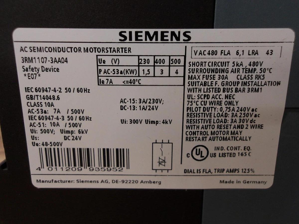 SIEMENS SIRIUS 3RM1107-3AA04 SEMICONDUCTOR MOTOR STARTER, #58257G NIB