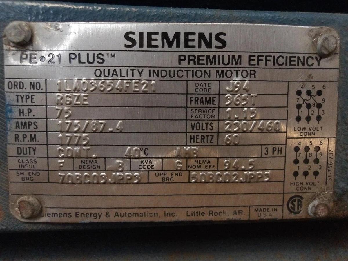 Used SIEMENS 75 HP MOTOR, 1775 RPM, FR 365T, 230/460 V, #410845G REMANUFACTURED