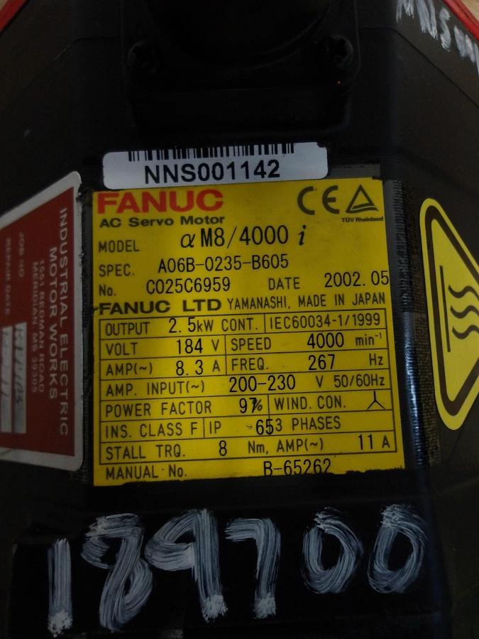 Used FANUC A06B-0235-B605 AC SERVO MOTOR, 4000 RPM, #616325G REMANUFACTURED