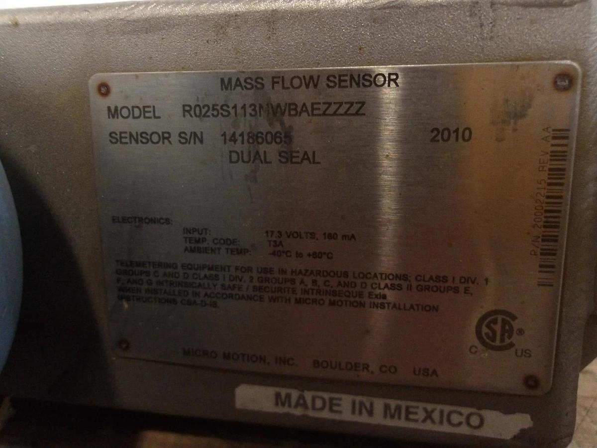 Used MICROMOTION R025S113NWBAEZZZZ MASS FLOW SENSOR, #8221128G USED