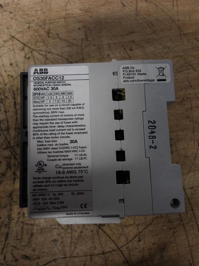 Used ABB 30 AMP GENERAL PURPOSE SWITCH 0S30FACC12, 600 V, #2261130G NEW