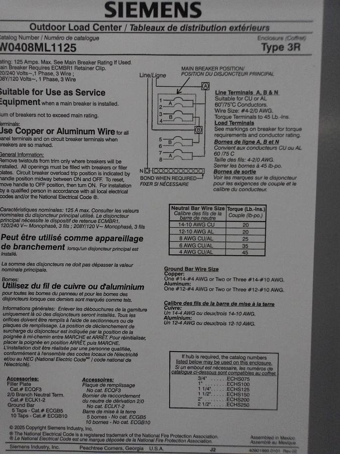 SIEMENS W0408ML1125 OUTDOOR LOAD CENTER 3R, #581056G NIB