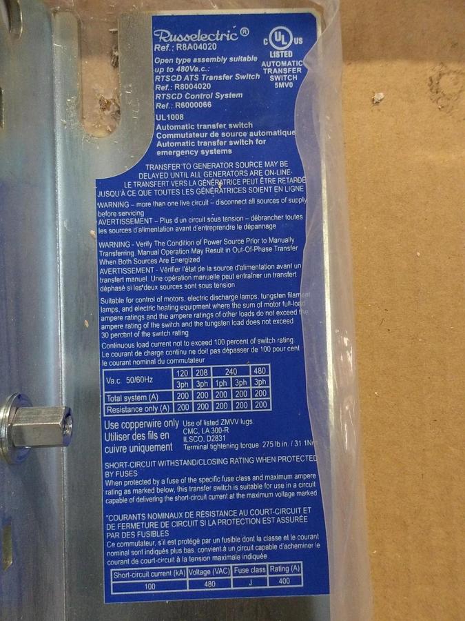 Used RUSSELECTRIC RTSCD AUTOMATIC TRANSFER SWITCH 200 AMP, #122116G NEW