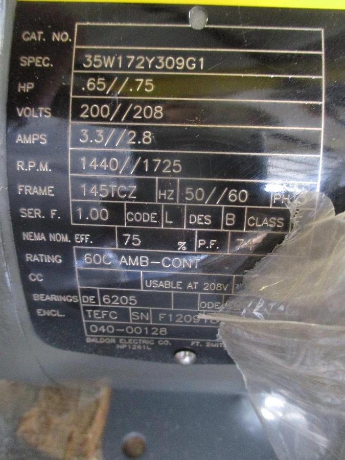 BALDOR RELIANCE .65 .75 MOTOR, FR 145TCZ, 200 208 V, 1440 1725 RPM, #691219J