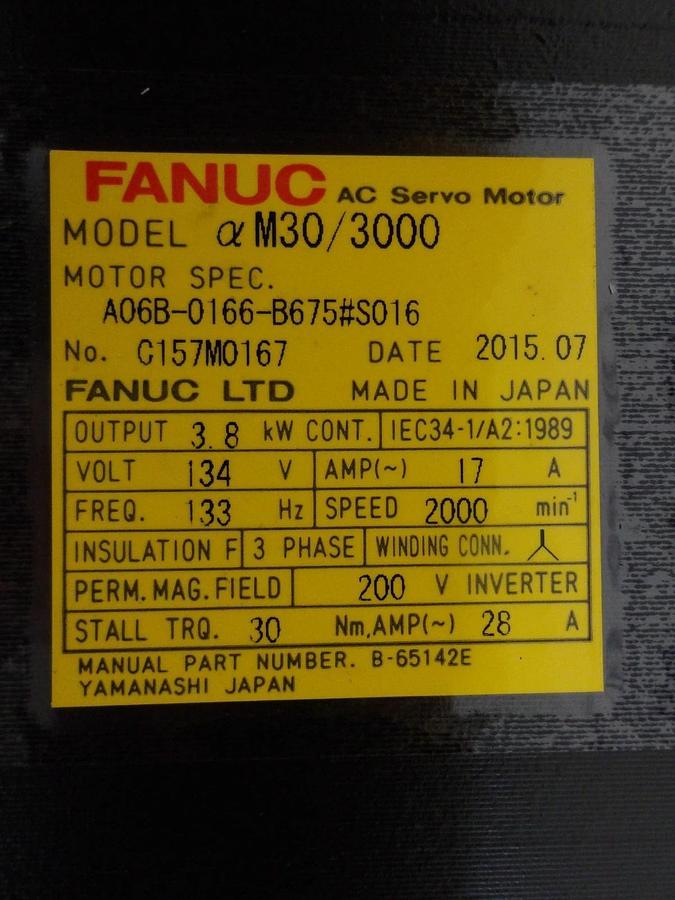 Used FANUC A06B-0166-B675 S016 AC SERVO MOTOR, 2000 RPM, #5271114G NEW