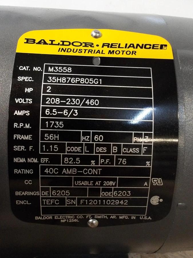 BALDOR 2 HP MOTOR, 208-230/460 V, 1735 RPM, 56H FR, #69243G NIB